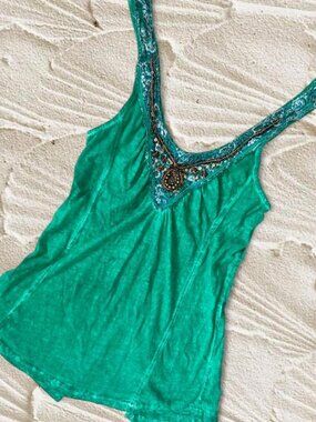 Rare Vintage Free People Y2K Mermaid Green Coconut Beaded Tank Top ✨